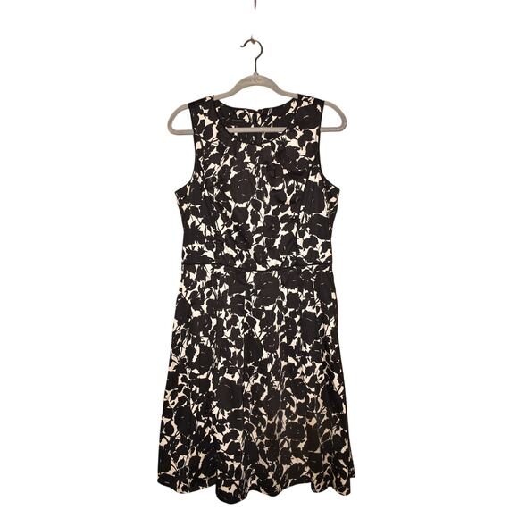 TALBOTS $159 Black White Floral Stretch Cotton Midi A-Line Dress Pockets Size 12 - Picture 1 of 4